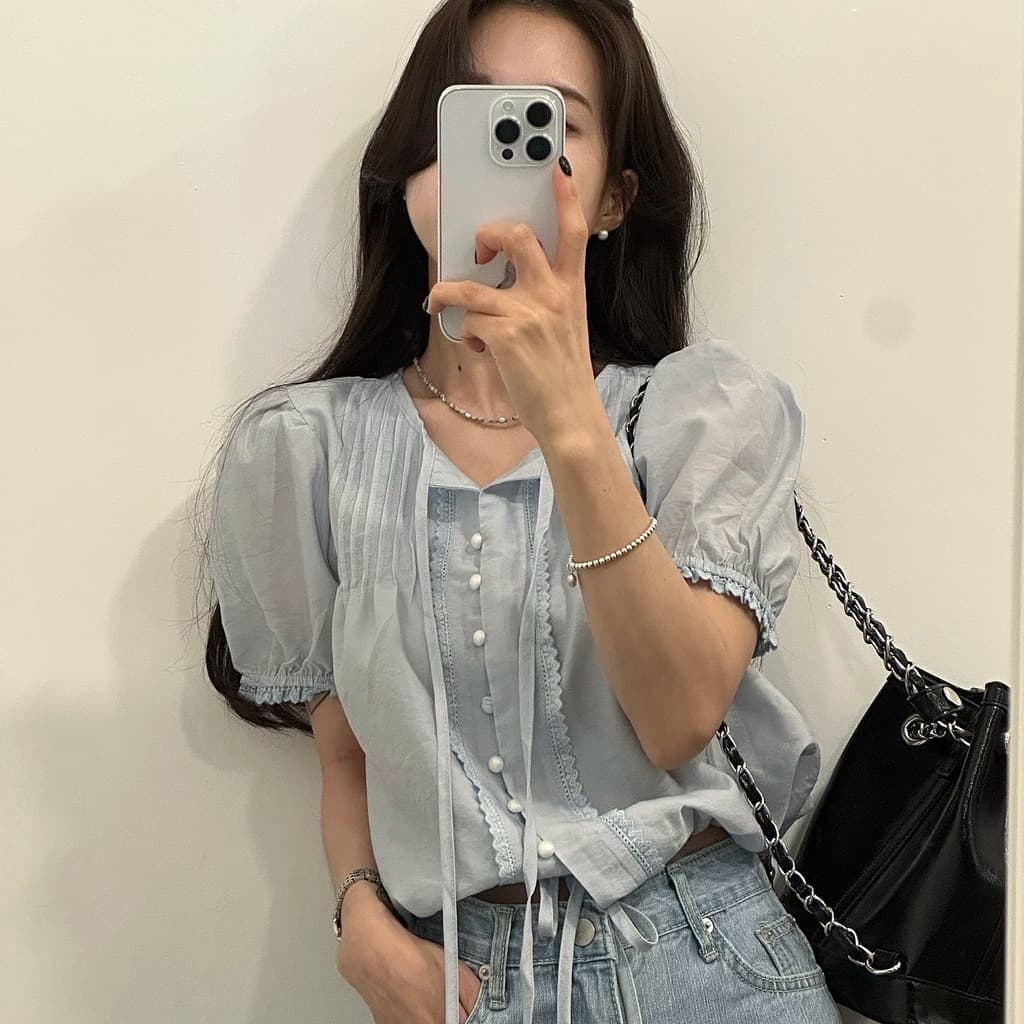 재고 있음 한국 chic 여름 레이스 레이스 패치워크 리본 싱글 줄 버튼 펌프 Pleat 반팔 셔츠