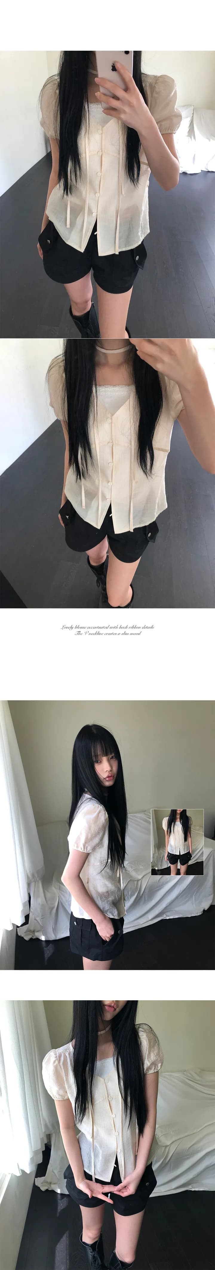 한국 chic 여름 질감 센스 싱글 줄 버튼 리본 반팔 셔츠 상세 이미지 1
