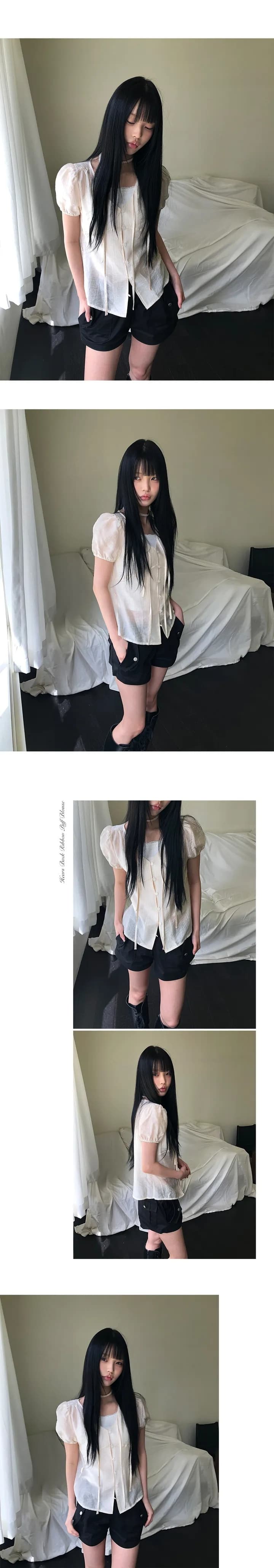 한국 chic 여름 질감 센스 싱글 줄 버튼 리본 반팔 셔츠 상세 이미지 3