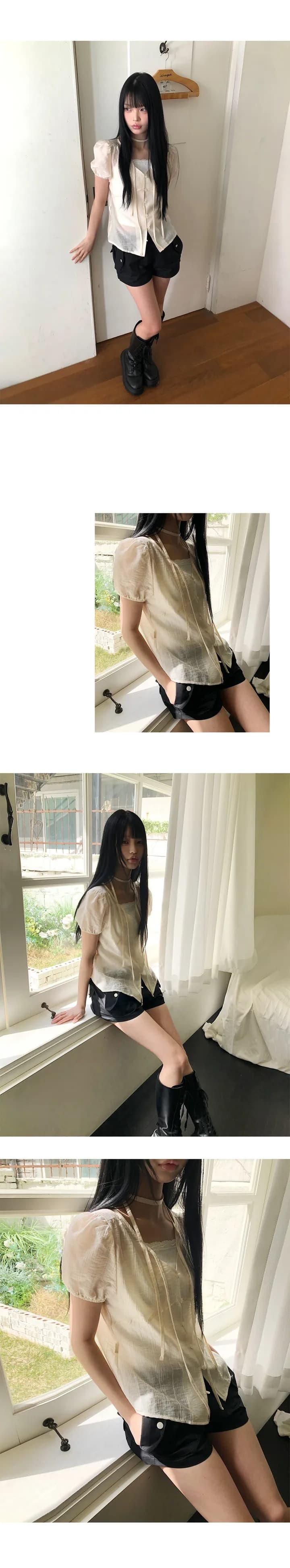 한국 chic 여름 질감 센스 싱글 줄 버튼 리본 반팔 셔츠 상세 이미지 5