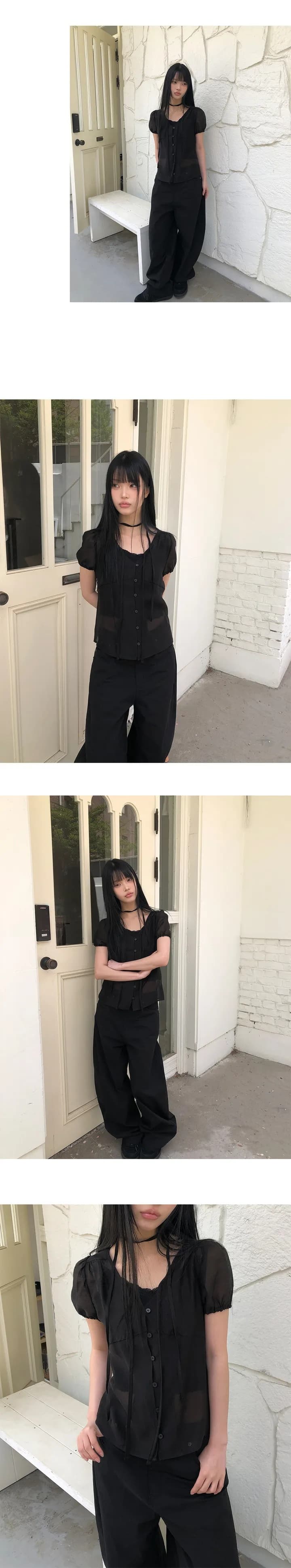 한국 chic 여름 질감 센스 싱글 줄 버튼 리본 반팔 셔츠 상세 이미지 6