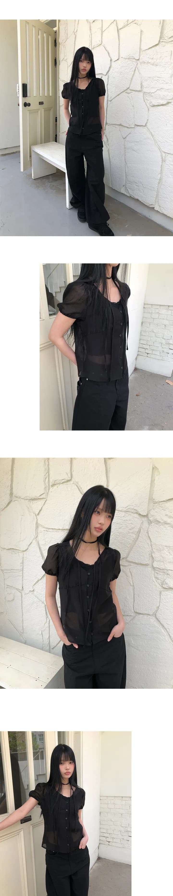 한국 chic 여름 질감 센스 싱글 줄 버튼 리본 반팔 셔츠 상세 이미지 7