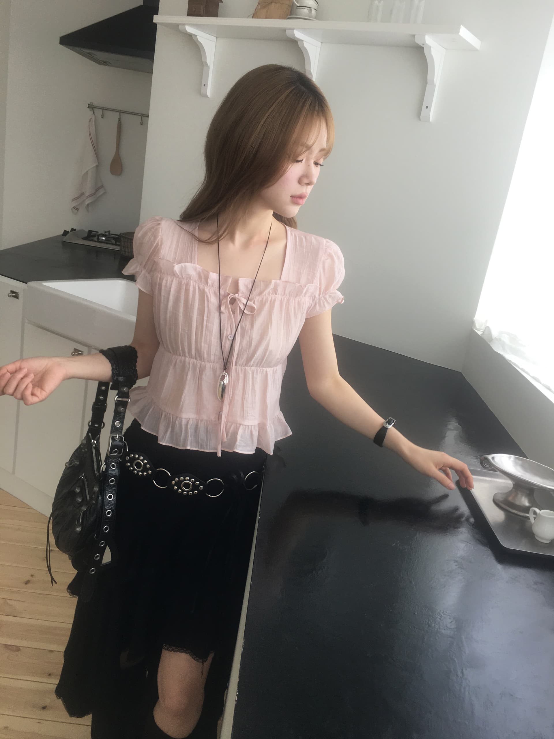 한국 ins 여름 질감 센스 프릴 싱글 줄 버튼 반팔 셔츠 상세 이미지 6