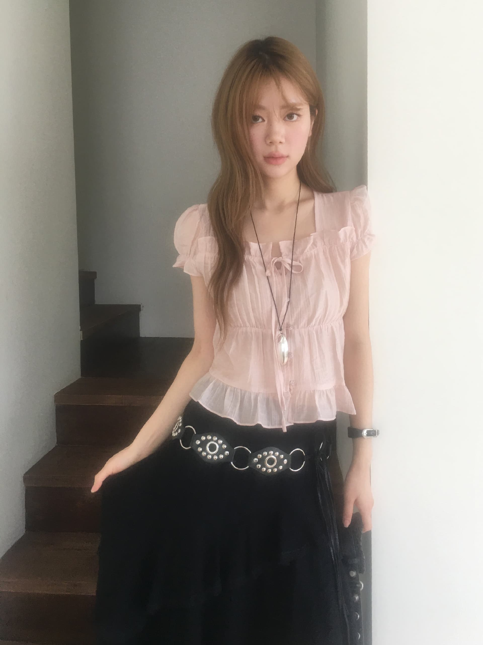 한국 ins 여름 질감 센스 프릴 싱글 줄 버튼 반팔 셔츠 상세 이미지 10