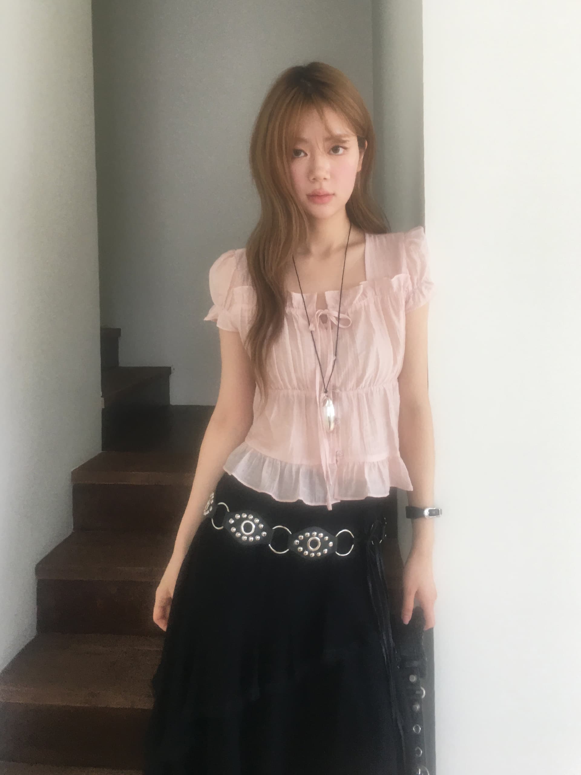 한국 ins 여름 질감 센스 프릴 싱글 줄 버튼 반팔 셔츠 상세 이미지 19