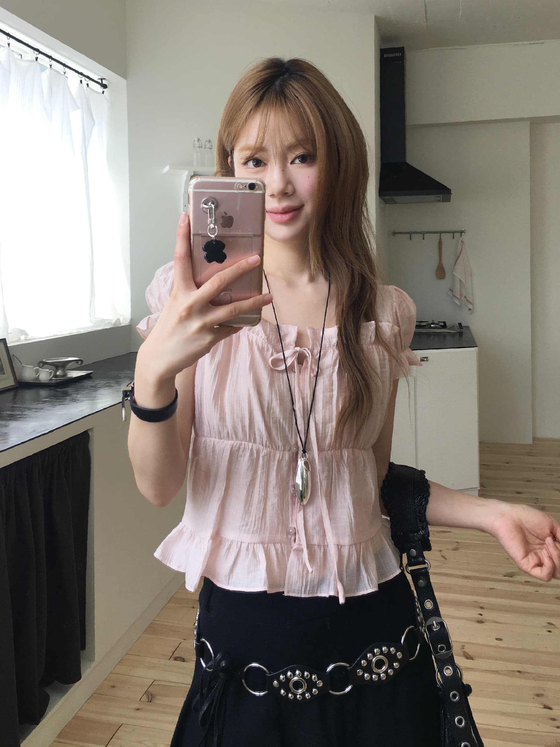 한국 ins 여름 질감 센스 프릴 싱글 줄 버튼 반팔 셔츠 상세 이미지 21