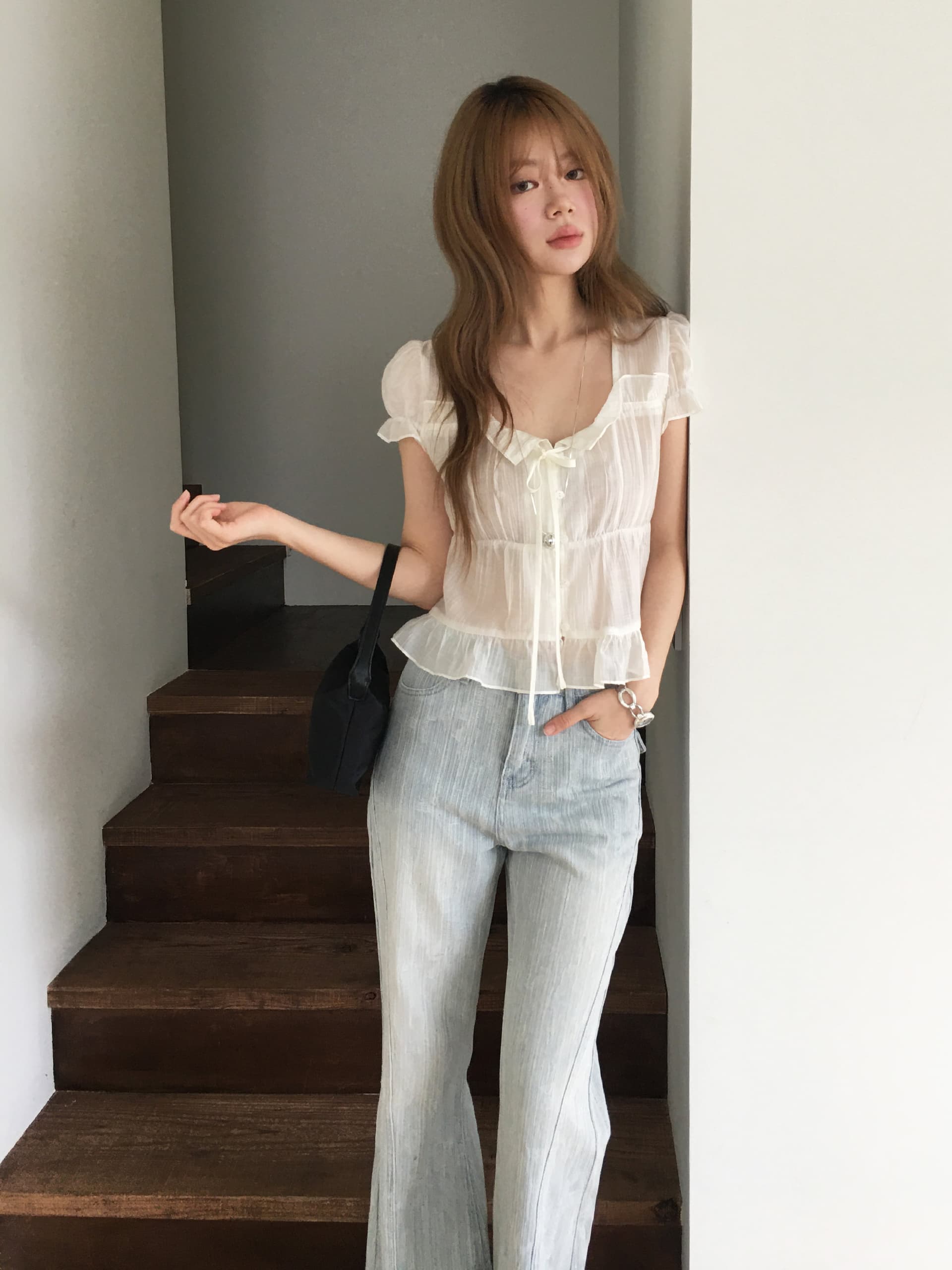 한국 ins 여름 질감 센스 프릴 싱글 줄 버튼 반팔 셔츠 상세 이미지 27