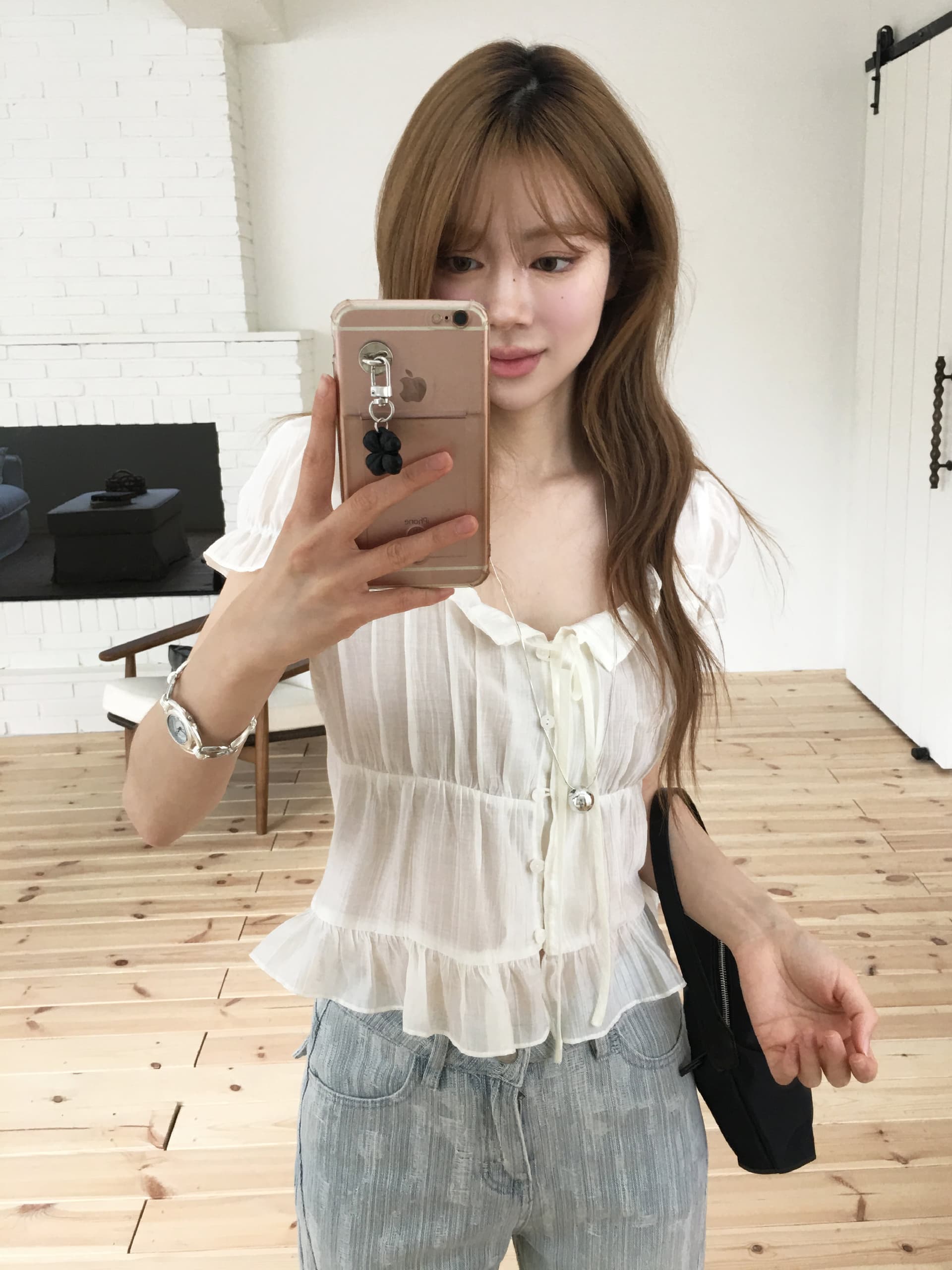 한국 ins 여름 질감 센스 프릴 싱글 줄 버튼 반팔 셔츠 상세 이미지 37