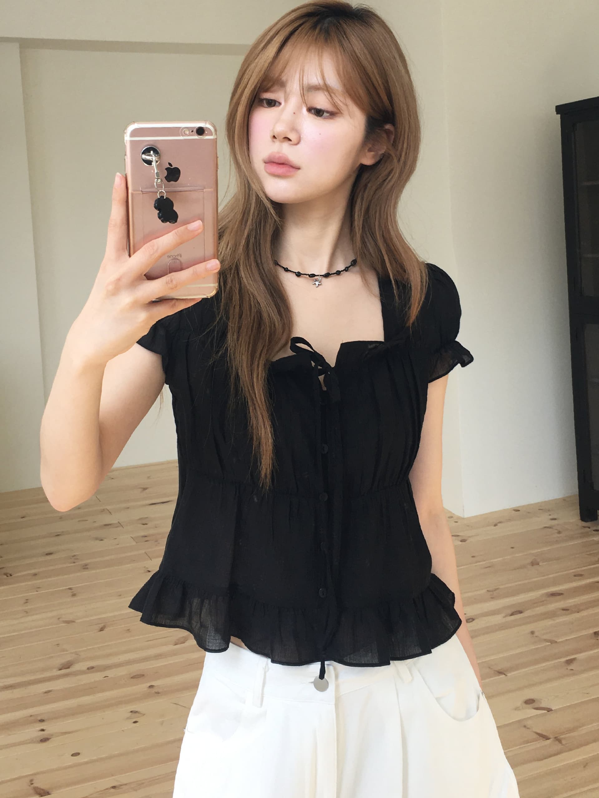 한국 ins 여름 질감 센스 프릴 싱글 줄 버튼 반팔 셔츠 상세 이미지 49