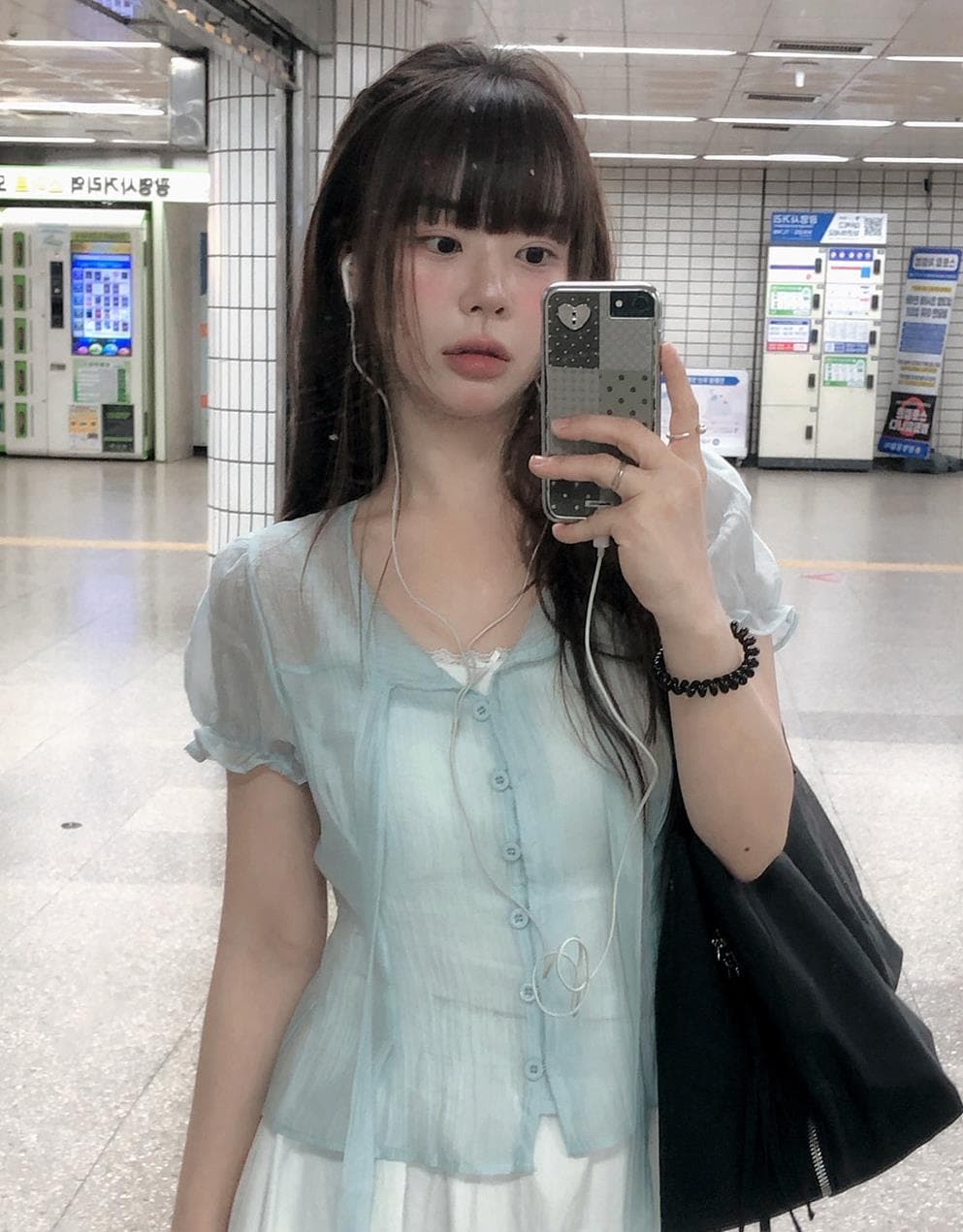 재고 있음 한국 chic 여름 주간 실크 싱글 줄 버튼 리본 반팔 셔츠
