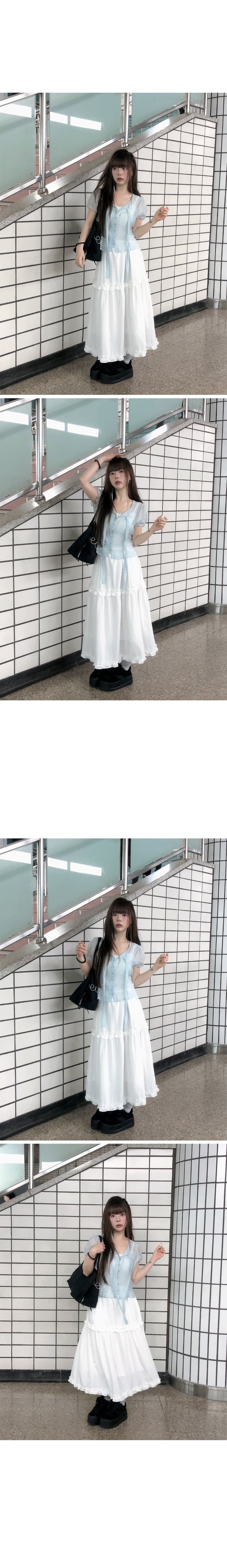 재고 있음 한국 chic 여름 주간 실크 싱글 줄 버튼 리본 반팔 셔츠 상세 이미지 2