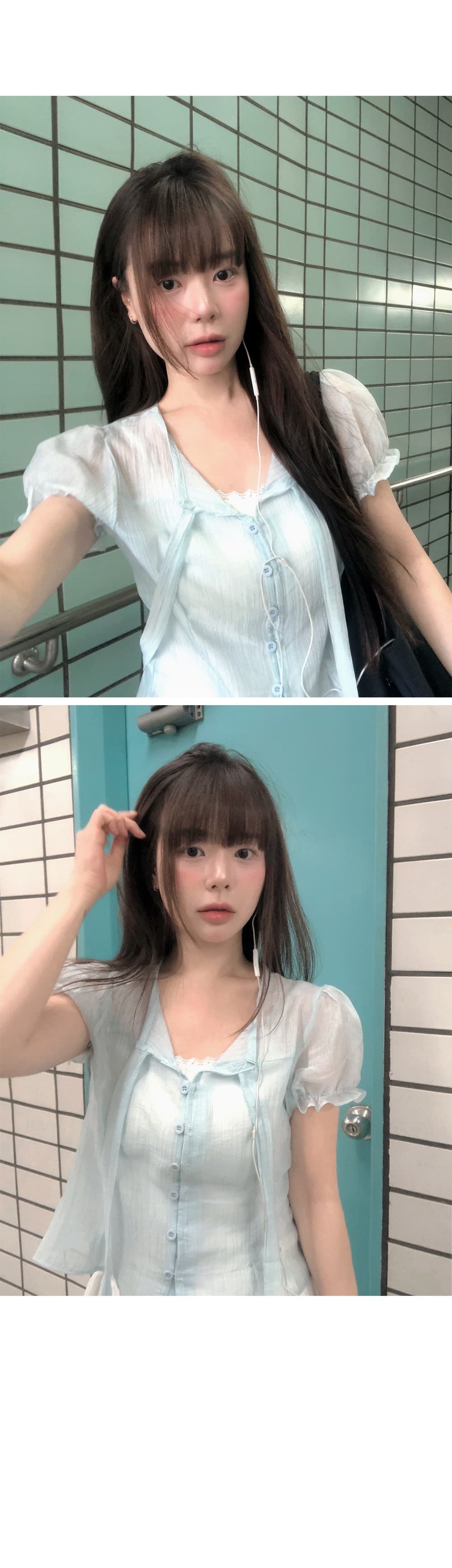 재고 있음 한국 chic 여름 주간 실크 싱글 줄 버튼 리본 반팔 셔츠 상세 이미지 3