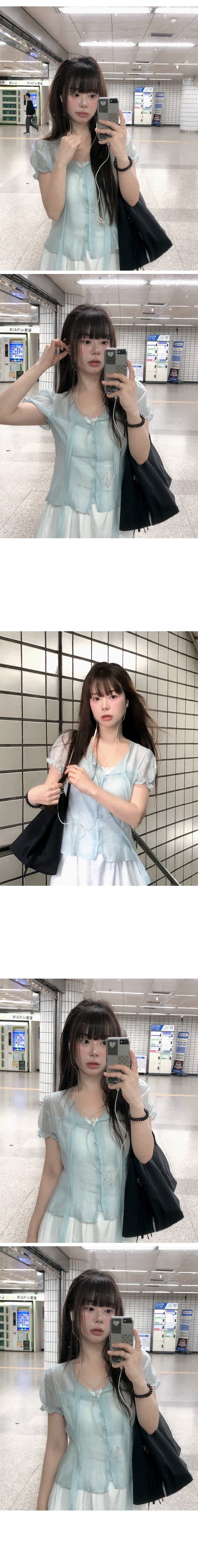 재고 있음 한국 chic 여름 주간 실크 싱글 줄 버튼 리본 반팔 셔츠 상세 이미지 4