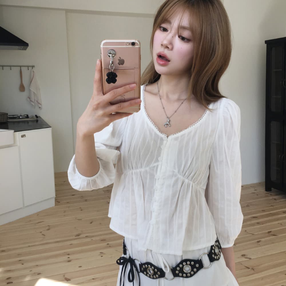 한국 chic 여름 V넥 싱글 줄 버튼 자카드 셔츠