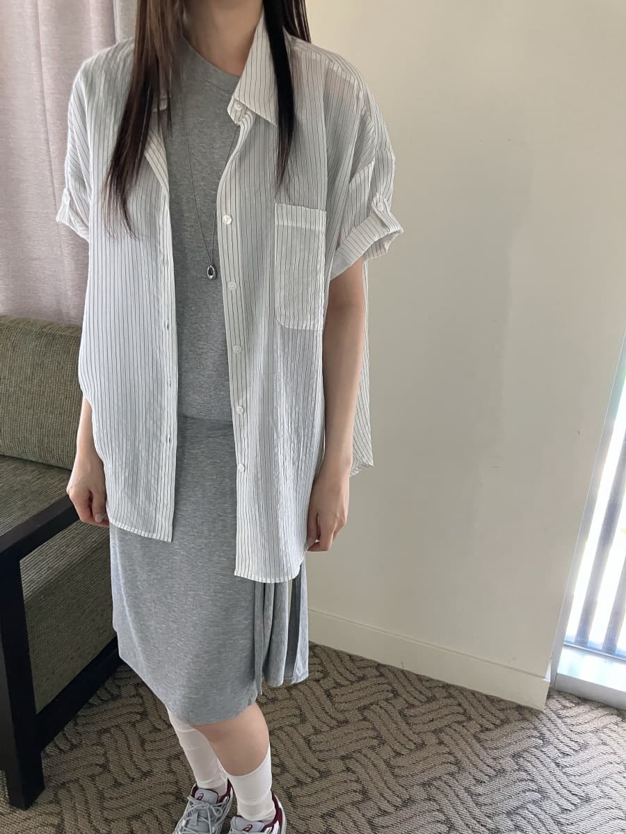한국 chic 여름 루즈핏 주머니 반팔 여성 셔츠 스트라이프 자외선 차단 셔츠 이미지 3