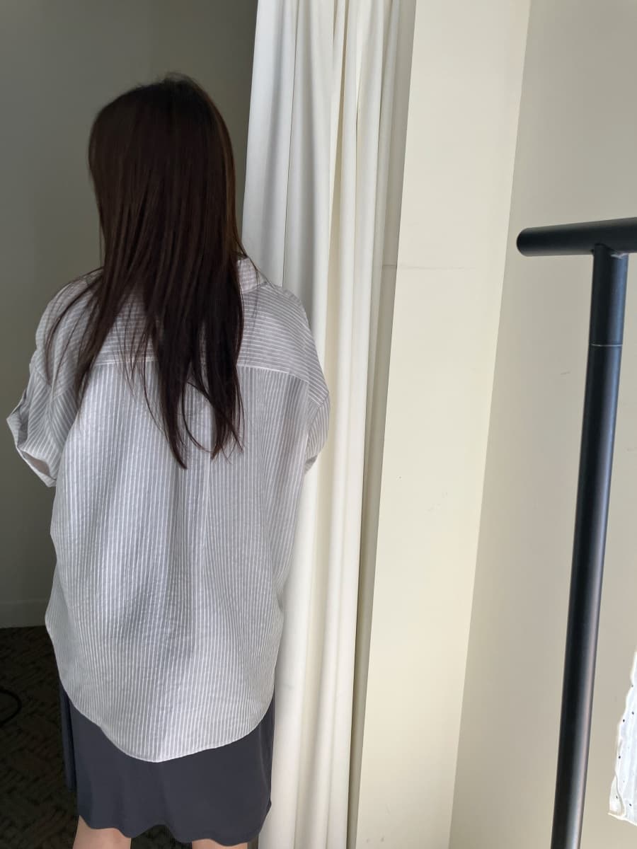 한국 chic 여름 루즈핏 주머니 반팔 여성 셔츠 스트라이프 자외선 차단 셔츠 상세 이미지 6