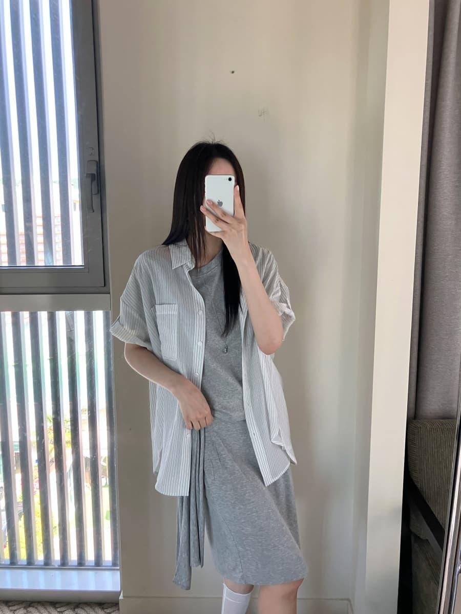 한국 chic 여름 루즈핏 주머니 반팔 여성 셔츠 스트라이프 자외선 차단 셔츠 상세 이미지 19