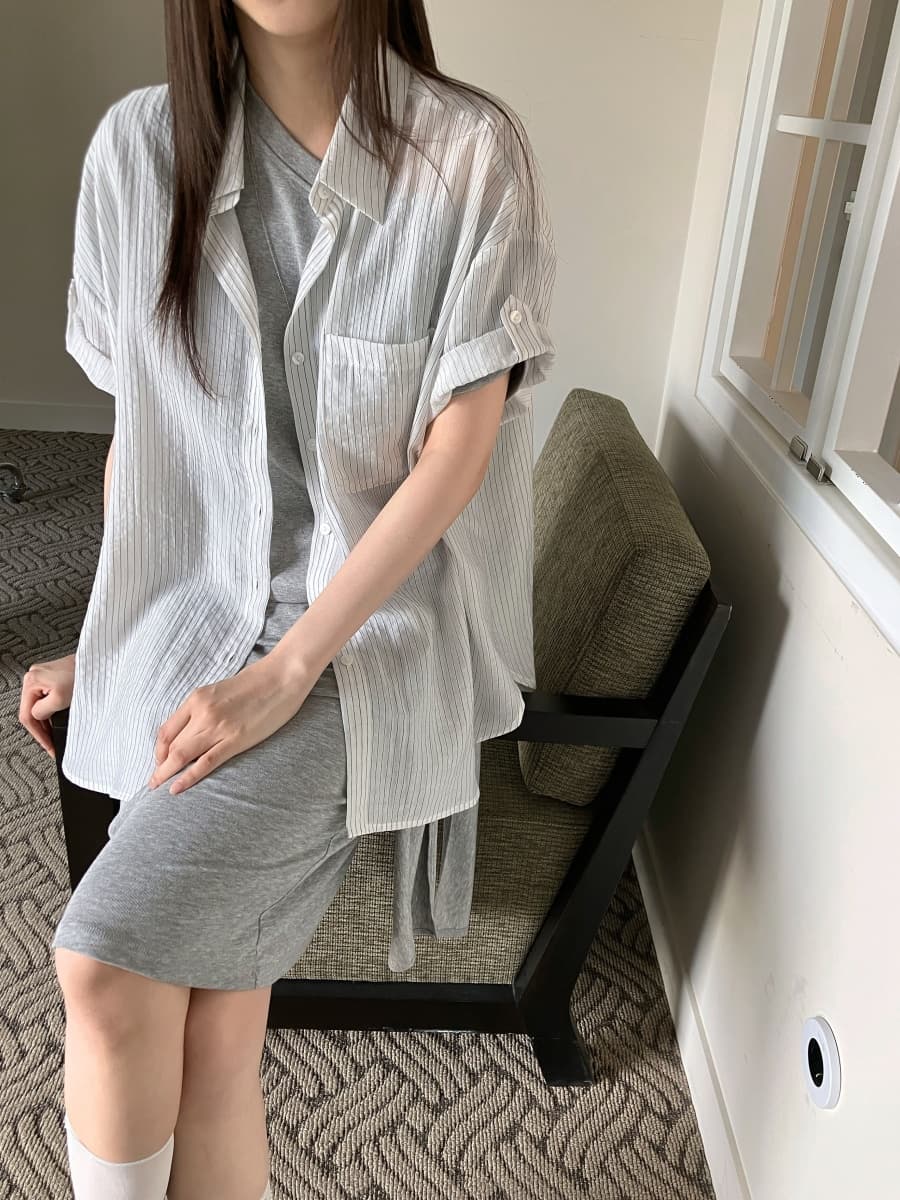 한국 chic 여름 루즈핏 주머니 반팔 여성 셔츠 스트라이프 자외선 차단 셔츠 상세 이미지 20