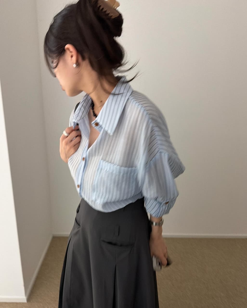 한국 chic 여름 긴팔 여성 셔츠 스트라이프 자외선 차단 셔츠 상세 이미지 1