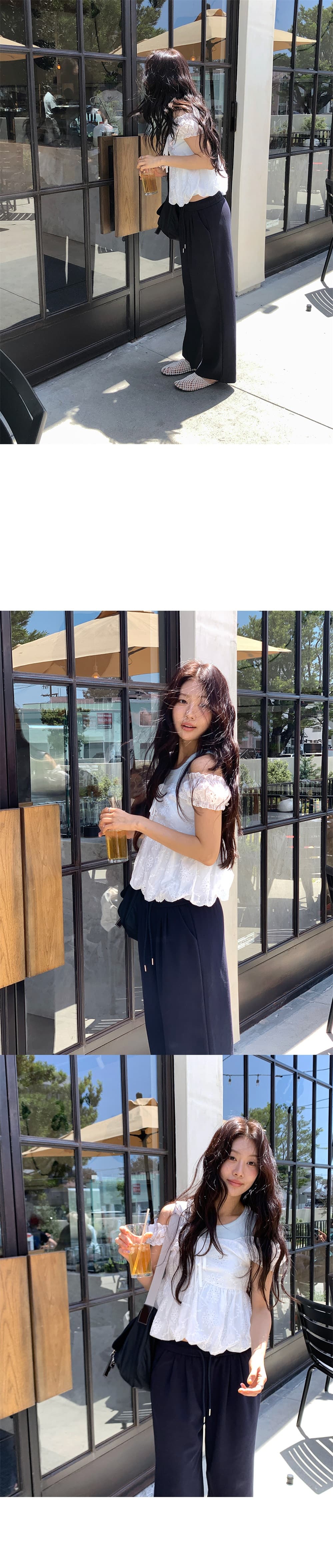 한국 ins 여름 홀로우 아웃 자수 반팔 셔츠 상세 이미지 1