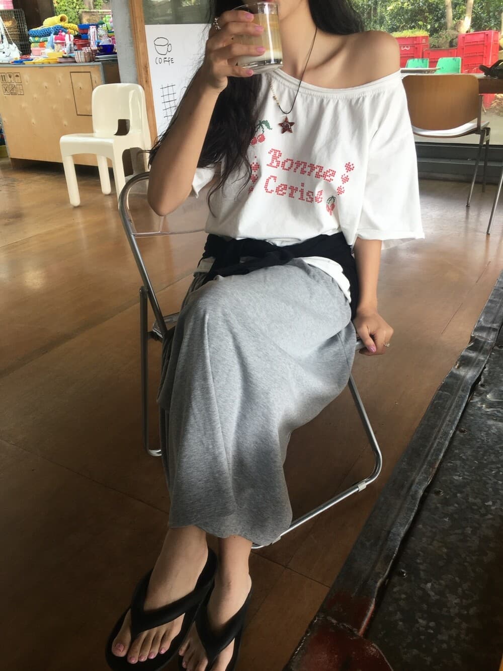 한국 ins 여름 오프숄더 프린트 반팔 티셔츠 상세 이미지 24