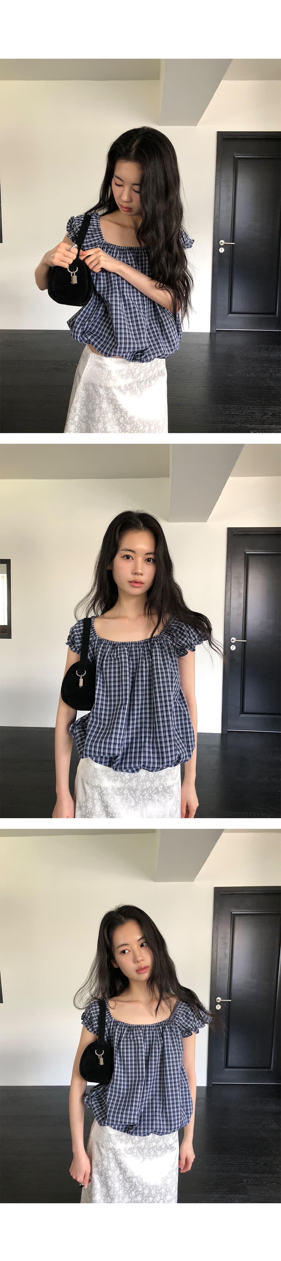 한국 ins 여름 작은 청신 Feifei 소매 꽃밭 격자 무늬 셔츠 상세 이미지 8