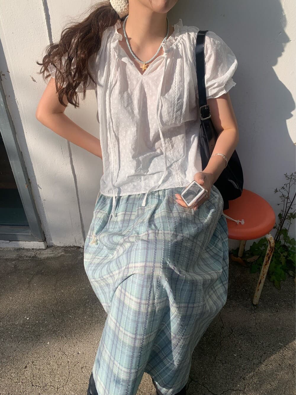 한국 ins 여름 자수 리본 버블 반팔 셔츠 상세 이미지 8