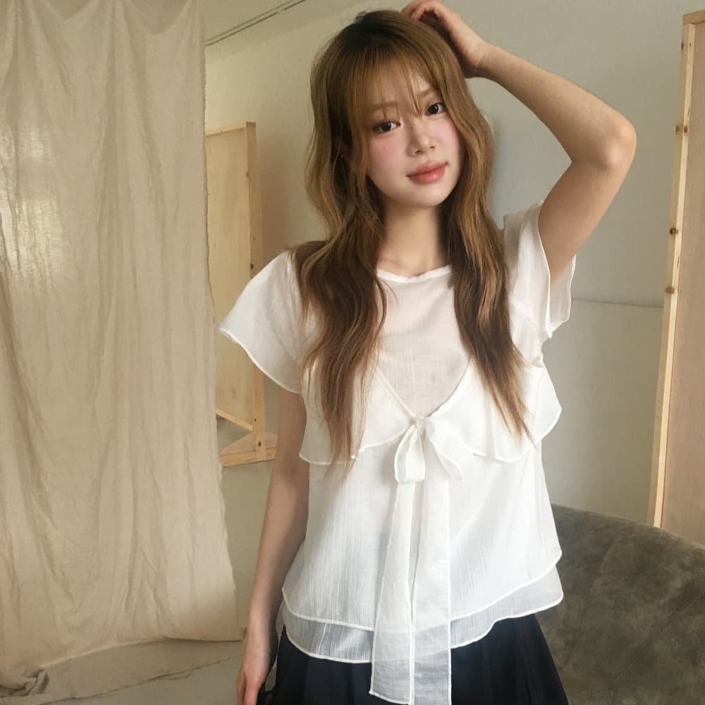 한국 ins 여름 질감 센스 페이크 레이어드 반팔 맨위 이미지 2