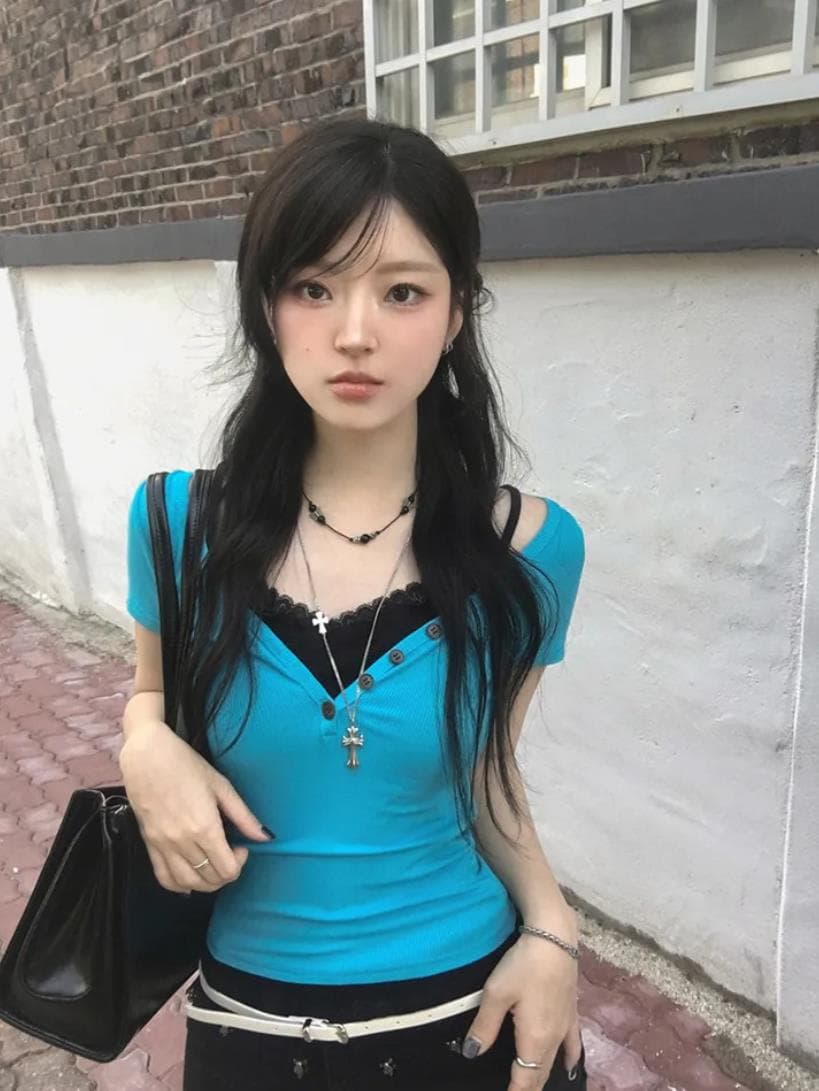 재고 있음 한국 ins 여름 구덩이 기사 반팔 티셔츠