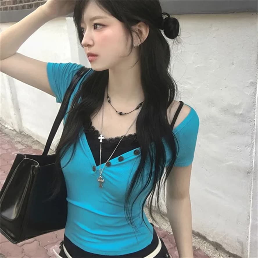 재고 있음 한국 ins 여름 구덩이 기사 반팔 티셔츠 이미지 4
