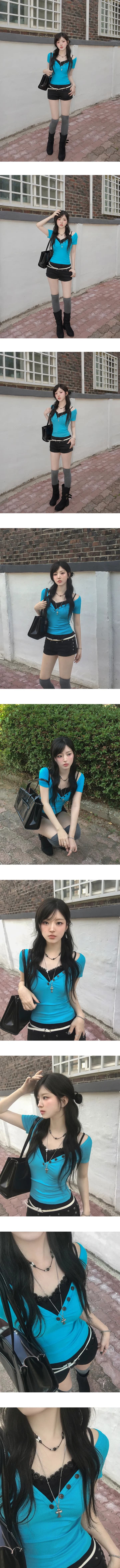 재고 있음 한국 ins 여름 구덩이 기사 반팔 티셔츠 상세 이미지 1