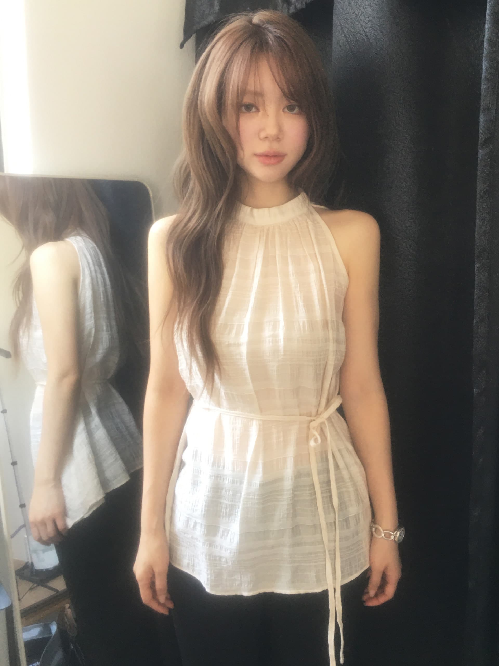 선적 중 한국 ins 여름 행침 목 민소매 스트랩 허리 수축 드레스 이미지 3