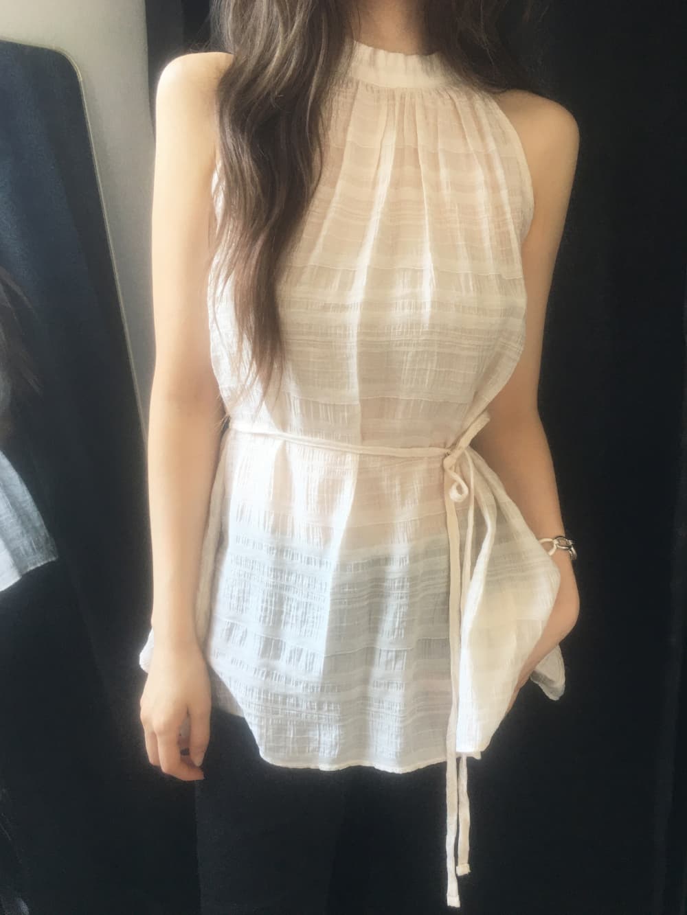 선적 중 한국 ins 여름 행침 목 민소매 스트랩 허리 수축 드레스 상세 이미지 11