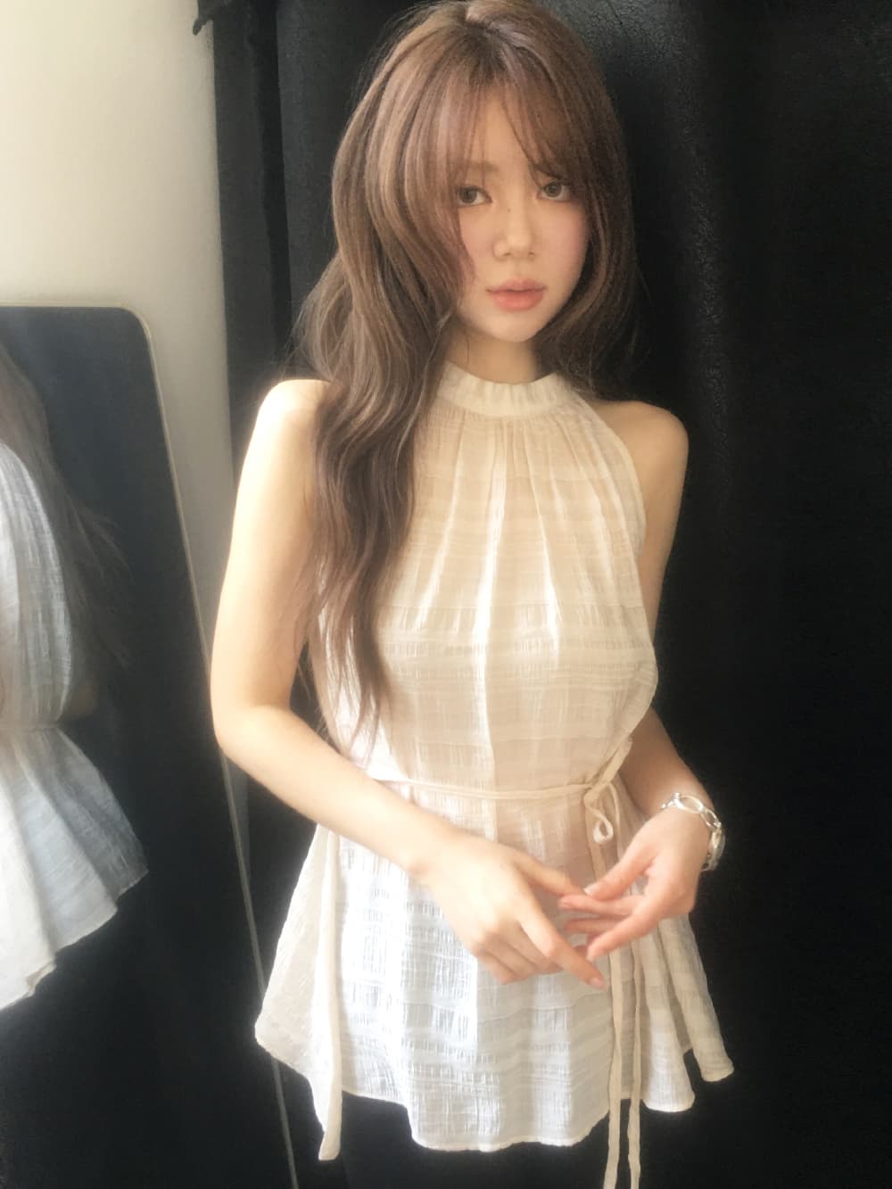 선적 중 한국 ins 여름 행침 목 민소매 스트랩 허리 수축 드레스 상세 이미지 12