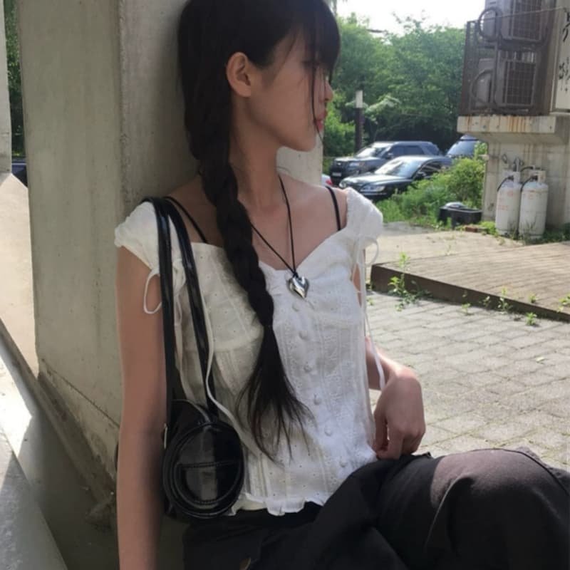 재고 있음 한국 ins 여름 V넥 레이스업 프릴 싱글 줄 버튼 면 자카드 반팔 셔츠 있음 안감 이미지 5