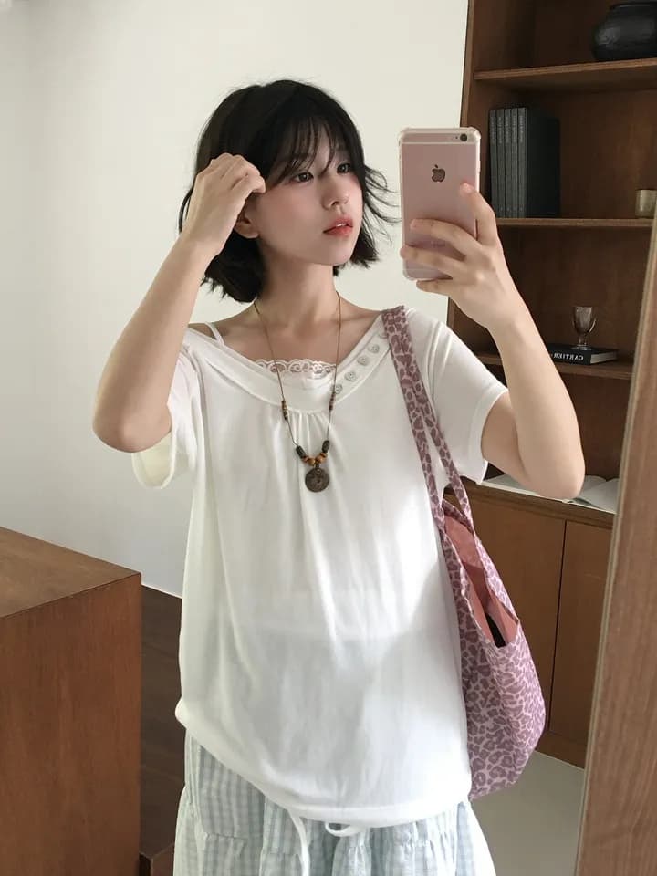 한국 ins 여름 V넥 조개 단추 허리 수축 스트랩 슬림해 보이는 캐주얼 느긋한 오프숄더 반팔 티셔츠 맨위 여성 상세 이미지 19