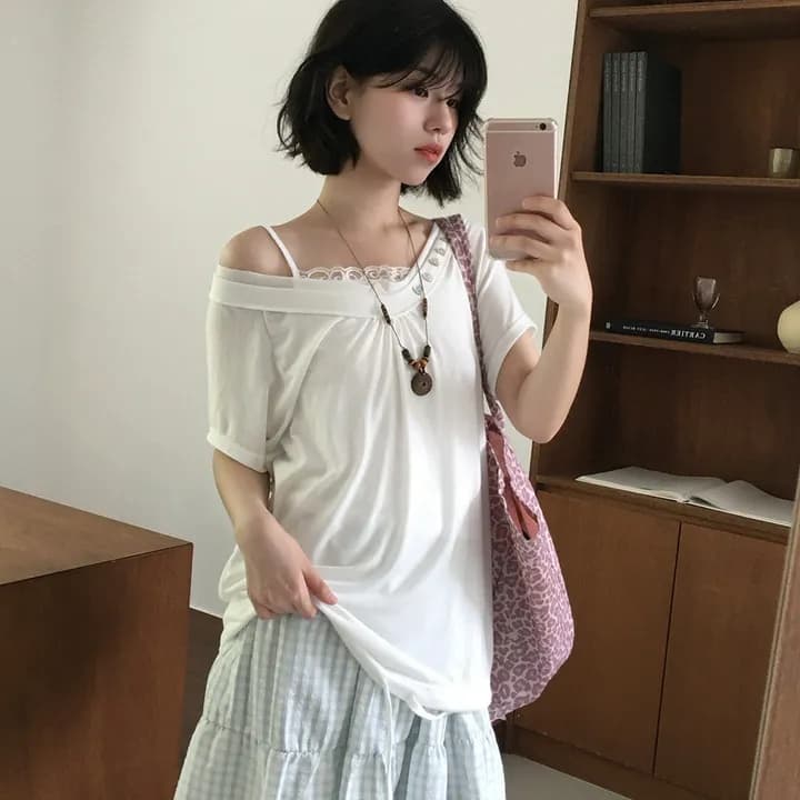 한국 ins 여름 V넥 조개 단추 허리 수축 스트랩 슬림해 보이는 캐주얼 느긋한 오프숄더 반팔 티셔츠 맨위 여성 상세 이미지 25