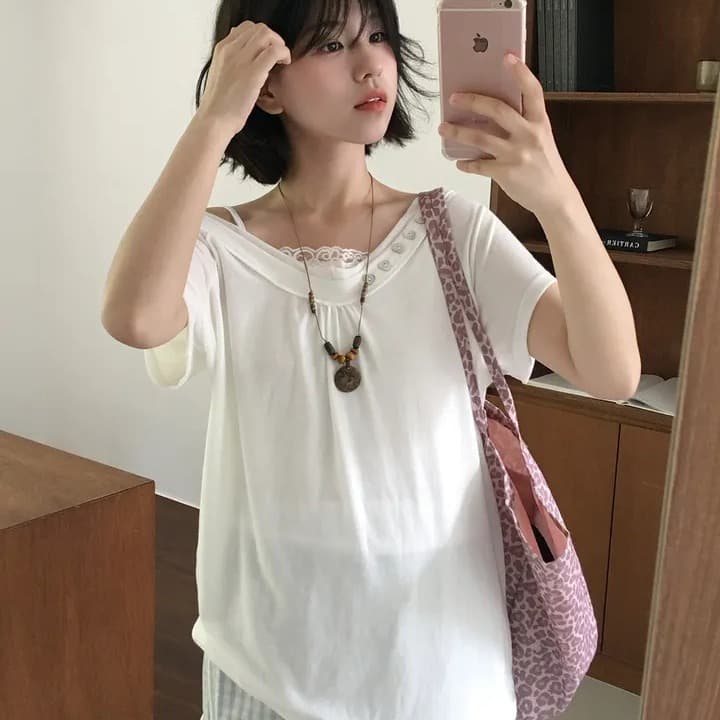 한국 ins 여름 V넥 조개 단추 허리 수축 스트랩 슬림해 보이는 캐주얼 느긋한 오프숄더 반팔 티셔츠 맨위 여성 이미지 4
