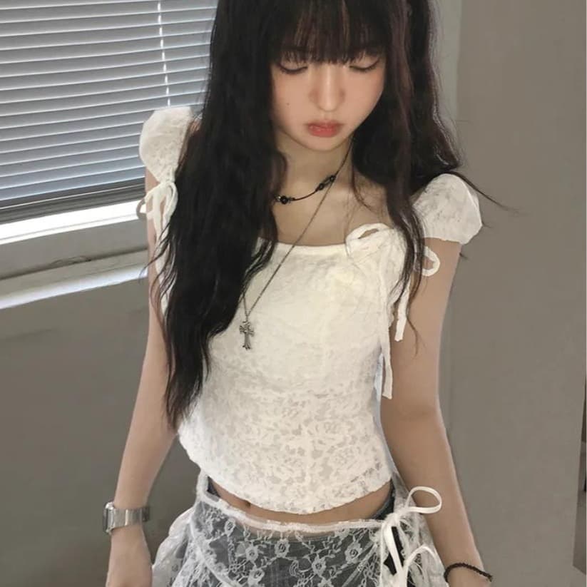 재고 있음 한국 chic 여름 순수한 욕망 바람 나비 매듭 몸매 가꾸기 쇼트 스타일 작은 키 레이스업 반팔 레이스 셔츠 이미지 3