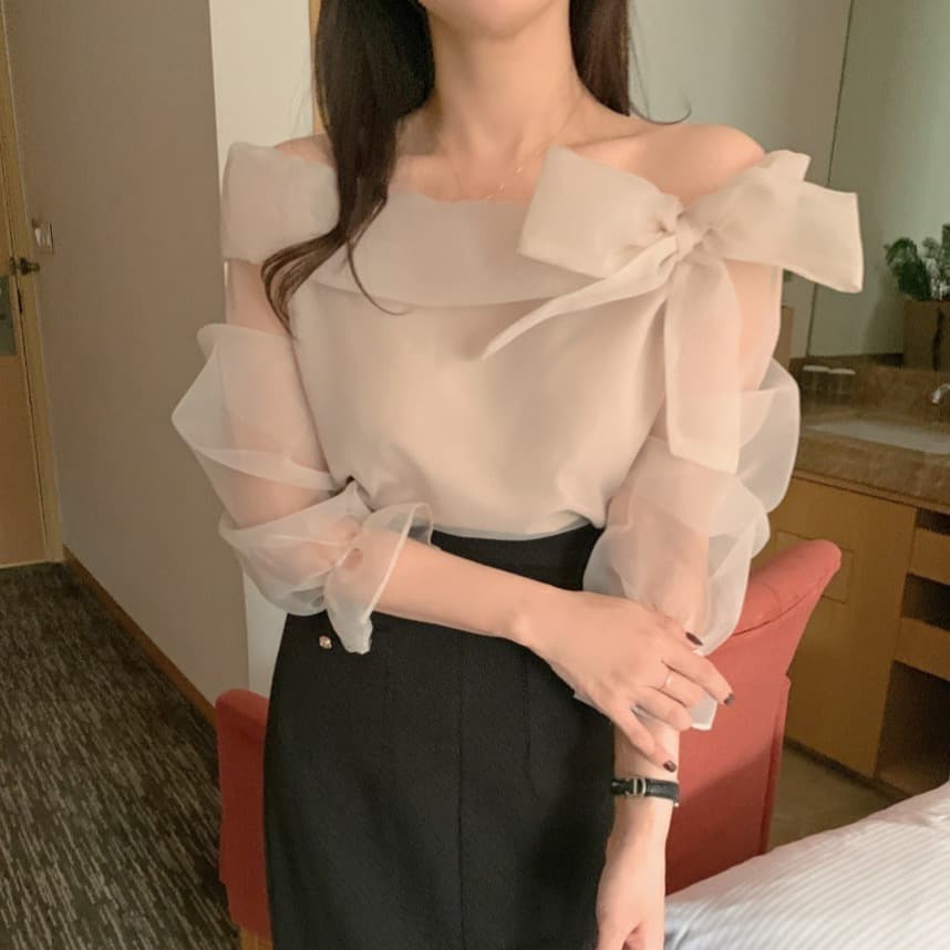 재고 있음 한국 chic 이른 가을 품격 오프숄더 나비 매듭 만나는 인사이드 가져 가라. 망사 맨위 있음 안감