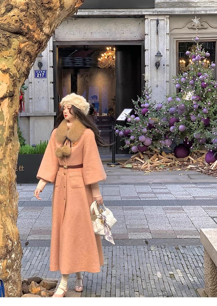 더블 c 허리 금사 짜임 허리 수축 양모 코트 그는 벤 바람 치마 진자 재킷 여성 겨울 상세 이미지 8