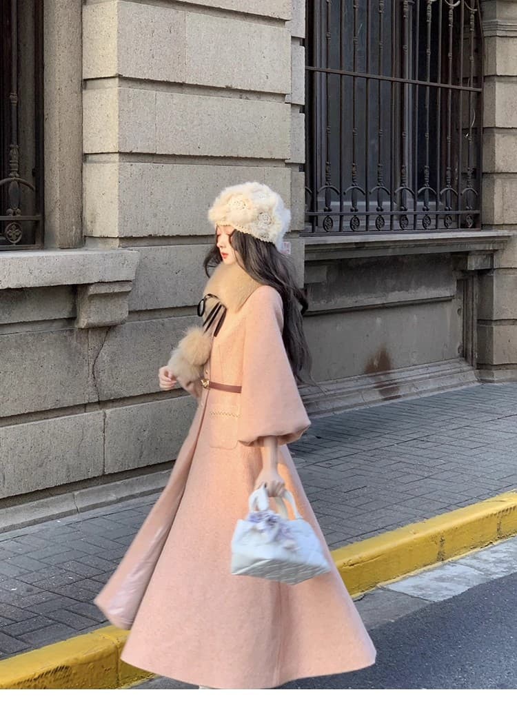 더블 c 허리 금사 짜임 허리 수축 양모 코트 그는 벤 바람 치마 진자 재킷 여성 겨울 상세 이미지 9