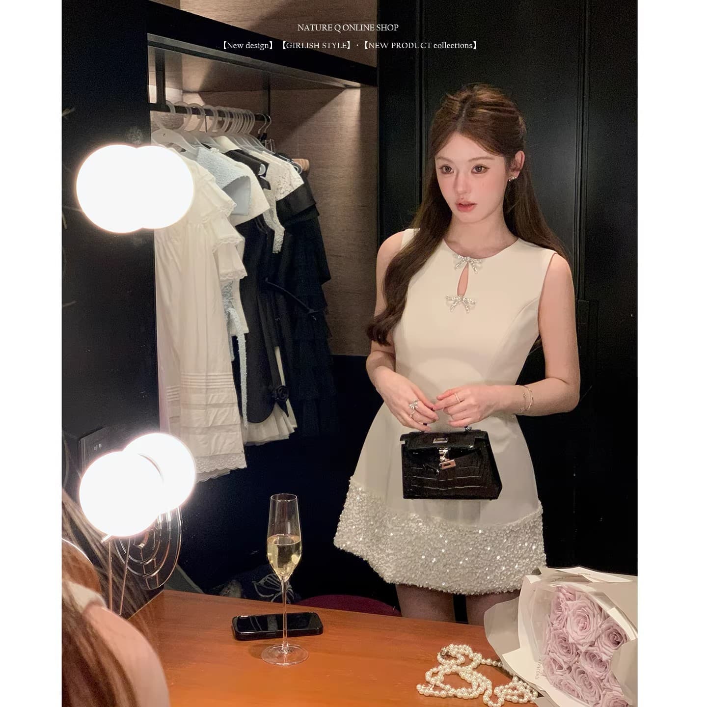 프랑스식 천 금빛 바람 스팽글 패치워크 허리 수축 민소매 여성 드레스 일상 웨어러블 예복 치마 작은 검은 드레스 이미지 3