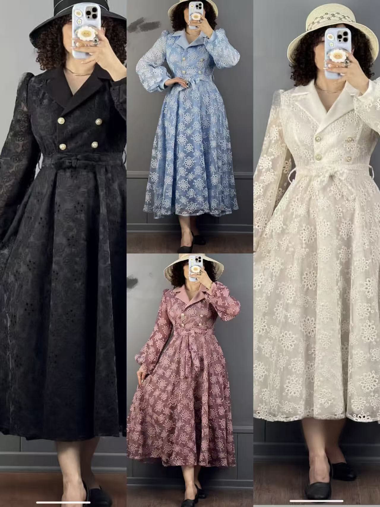 부티크 패션 섹션 무거운 작업 홀로우 아웃 자수 바람 칼라 허리 수축 드레스