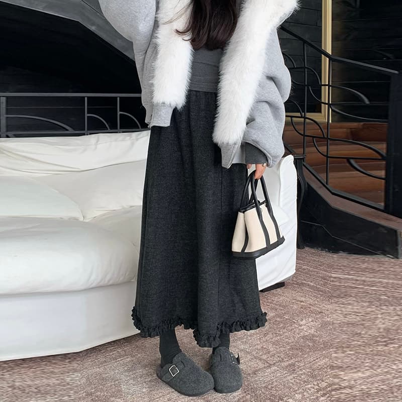 지금 임산부 새로운 프릴 단색 두꺼운 반신 스커트 여성 가을 겨울 Chic 연령 감소 루즈핏 슬림해 보이는 롱 스커트 이미지 2