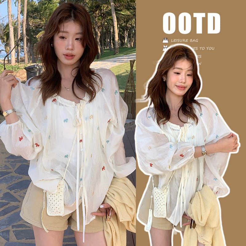 임산부 레몬 녹차 2026 여름 꽃무늬 여성 셔츠 루즈핏 긴팔 태양 보호 셔츠 디자인 센스 맨위 이미지 3