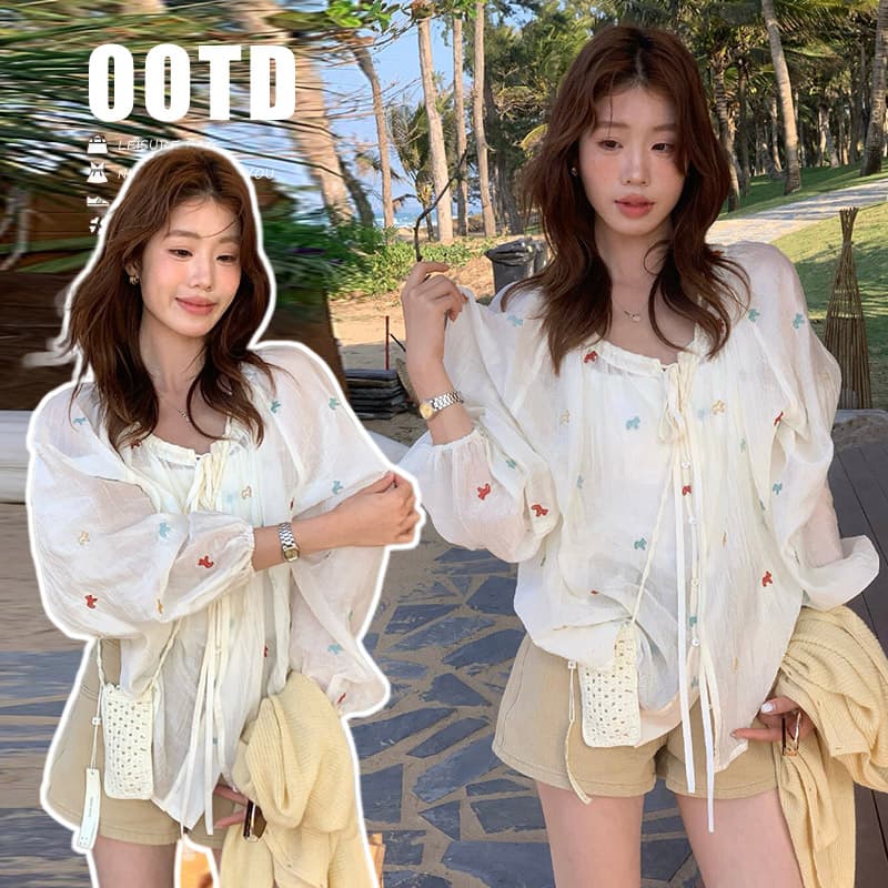임산부 레몬 녹차 2026 여름 꽃무늬 여성 셔츠 루즈핏 긴팔 태양 보호 셔츠 디자인 센스 맨위