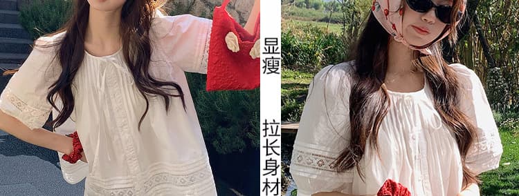 지금 지금 빅 사이즈 순면 거품 소매 홀로우 아웃 셔츠 레이스 미니멀리즘 반바지 부드러운 품격 세트 상세 이미지 11