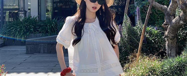 지금 지금 빅 사이즈 순면 거품 소매 홀로우 아웃 셔츠 레이스 미니멀리즘 반바지 부드러운 품격 세트 상세 이미지 37