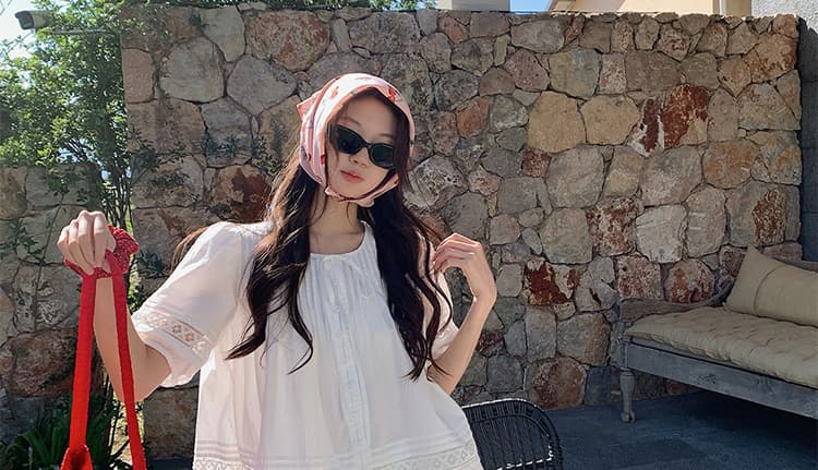 지금 지금 빅 사이즈 순면 거품 소매 홀로우 아웃 셔츠 레이스 미니멀리즘 반바지 부드러운 품격 세트 상세 이미지 62